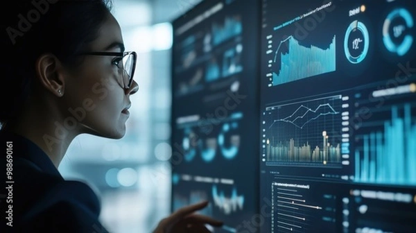 Fototapeta A close-up of a business professional using AI-powered analytics software to enhance business decision-making