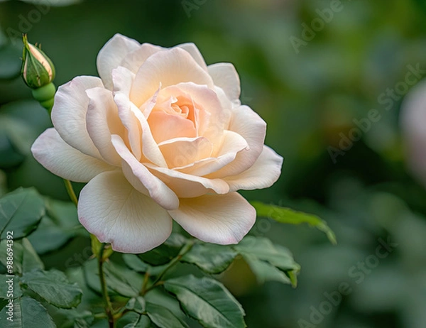 Fototapeta  A delicate, pastel-colored rose in full bloom with rich green leaves and soft sunlight filtering through the foliage. Created with Ai
