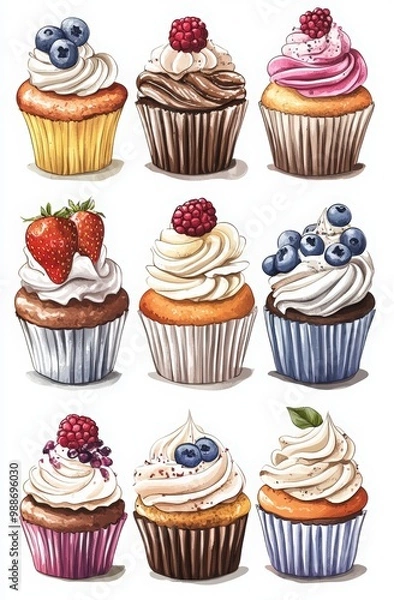Fototapeta bakery and cafe banners, posters, and advertising materials. cupcakes decorated with cream swirls of various colors, one filled with blueberries or strawberries, and another with chocolate chips. 