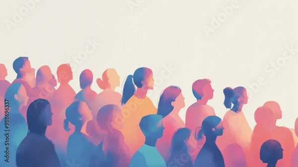Fototapeta A contemporary illustration of a diverse crowd, each figure distinguished by unique colors and minimalist facial features, arranged in a semi-circle.