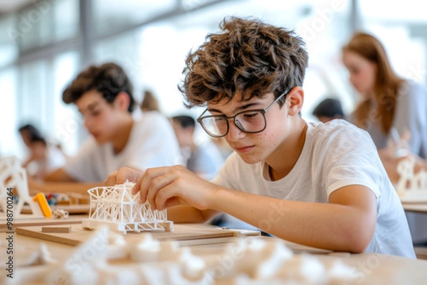 Fototapeta Focused Teen Working on Architectural Model in Classroom