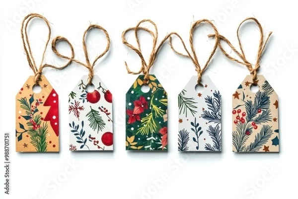 Obraz Christmas gift tags with twine and floral patterns.
