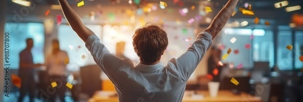 Fototapeta Celebrating Success, a person joyfully acknowledges a job promotion amidst a festive office party in the background.