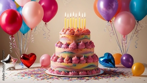 Fototapeta  A beautifully decorated birthday cake with colorful frosting, topped with lit candles, surrounded by confetti and balloons, creating a joyful celebration atmosphere