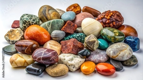 Fototapeta A collection of rocks in diverse shapes, sizes, and hues sits majestically against a neutral backdrop, inviting observation and contemplation of nature's craftsmanship.