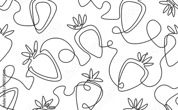 Fototapeta Seamless pattern with strawberries. Continuous line drawing style. Minimalistic fruit background.
