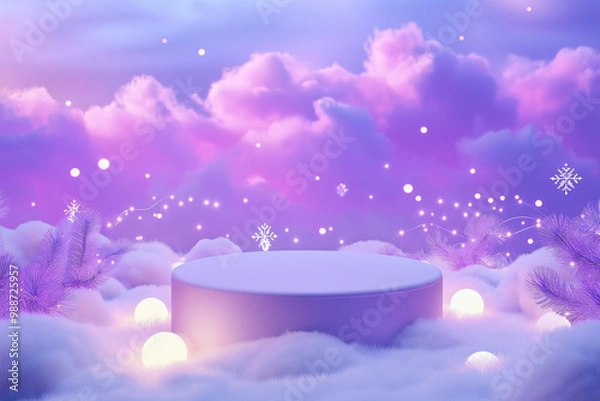 Fototapeta A lavender elegant podium and product pedestal adorned with Christmas crystal decorations, surrounded by snow-covered trees twinkling with lights. This scene creates an expensive, luxurious background