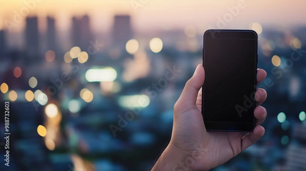 Fototapeta Hand holding smartphone with blank screen against blurred city lights, ideal for app or website mockups