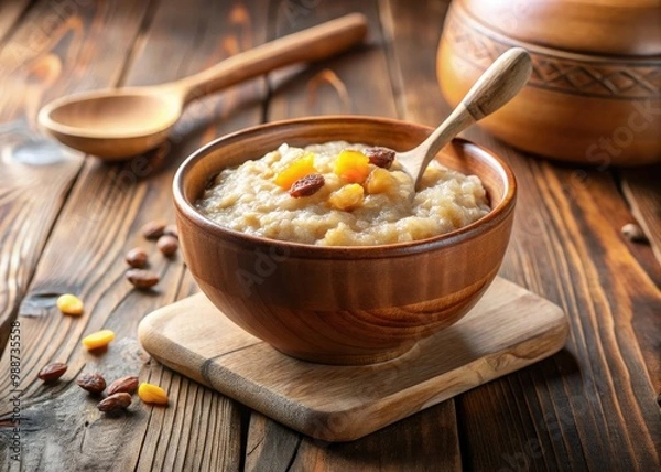Fototapeta A steaming bowl of creamy oatmeal porridge sits invitingly on the table, a wooden spoon lying beside it, ready to be used.