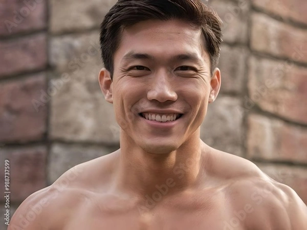 Obraz Close-up Portrait of Handsome Shirtless and Muscular Asian Man Smiling and Looking at Camera Portrait with Stone Brick Wall in The Back