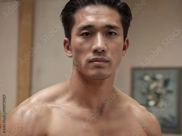 Obraz Headshot Portrait of Young Handsome Shirtless and Muscular Asian Man in The Room with Painting in The Background