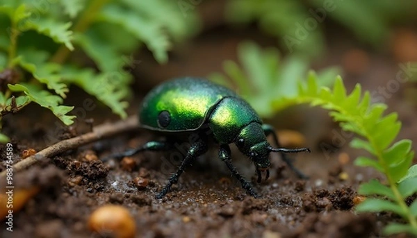 Fototapeta A metallic green beetle crawling across rich, wet soil, surrounded by lush greenery, reflecting light and showcasing its vibrant colors in a serene natural setting.
