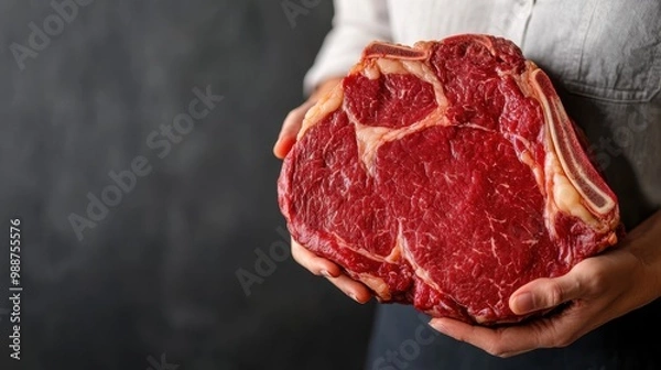 Obraz Close-up View of Hands Holding Fresh Raw Beef Steak