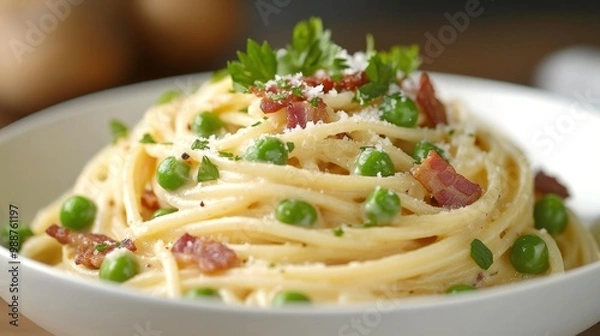 Fototapeta A bowl of creamy carbonara spaghetti with crispy bacon and peas, beautifully plated and garnished with parsley, perfect for an elegant dinner.