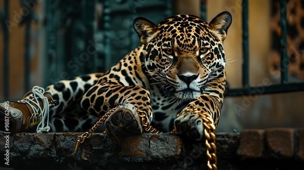 Fototapeta A jaguar wearing designer sneakers and a gold chain
