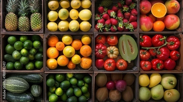 Fototapeta A vibrant display of colorful fruits and vegetables arranged in wooden boxes
