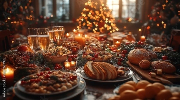 Obraz Christmas dinner table filled with holiday treats, flickering candles, and charming decorations, embodying the warmth and joy of family gatherings