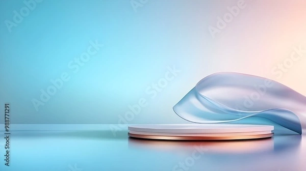 Obraz 3d render round platform on water and sand with glass wall panels