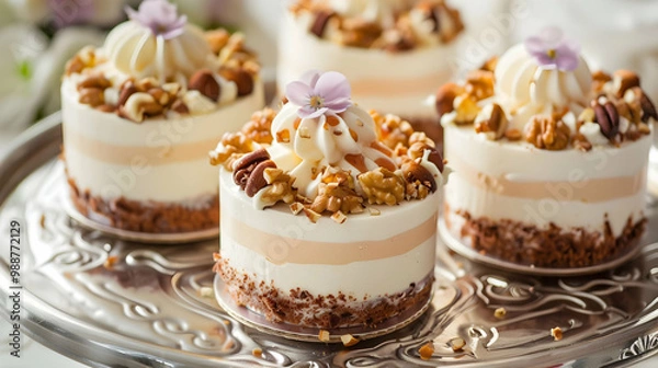Fototapeta Delicious Mini Cakes with Walnuts and Cream