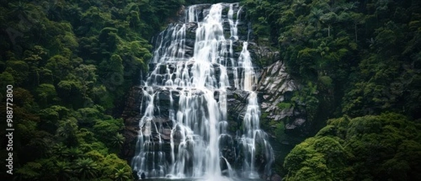 Fototapeta A stunningly detailed and lifelike photo of a majestic waterfall, cascading down a rocky cliff into a shimmering pool below surrounded by lush greenery