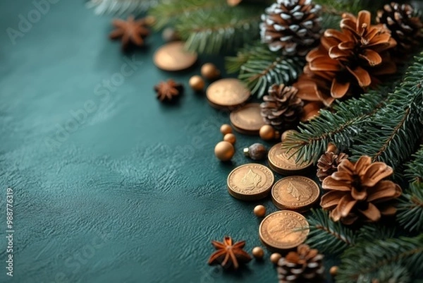 Fototapeta Green Christmas tree branches with golden antique coins. Vintage vibe with pastel green background and big copy space.