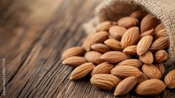 Fototapeta A close-up of raw almonds spread across a rustic wooden table, showcasing their natural textures and rich color, emphasizing their health benefits