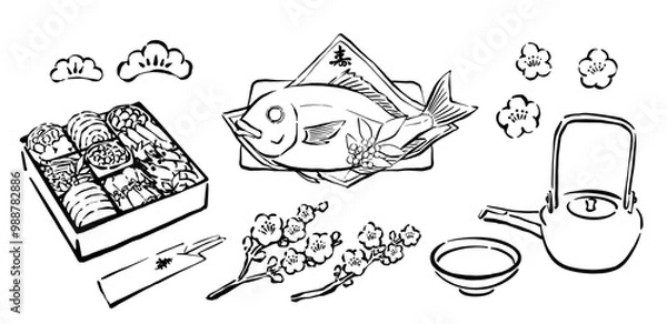 Obraz 正月・新年祝い料理　おせち料理、祝い鯛、お屠蘇の手書き和風・線画イラストセット