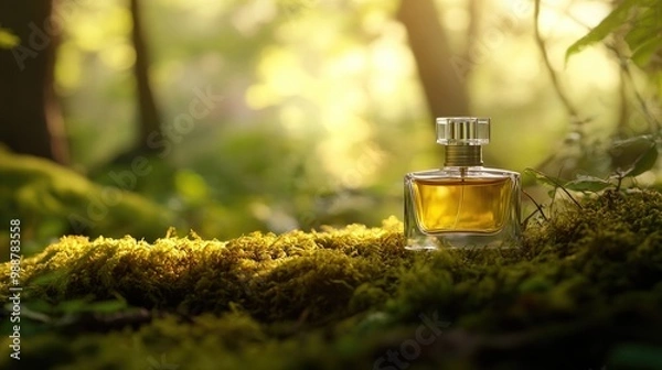 Fototapeta Close-up of a glass perfume bottle resting on soft moss, illuminated by sunlight in a lush forest.