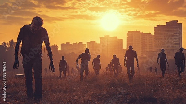 Obraz Halloween zombie apocalypse scene with zombies roaming in a deserted urban area