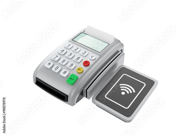 Fototapeta Urządzenie POS z bezdotykową podkładką do systemu NFC. Inteligentna koncepcja płatności mobilnych bezgotówkowych.