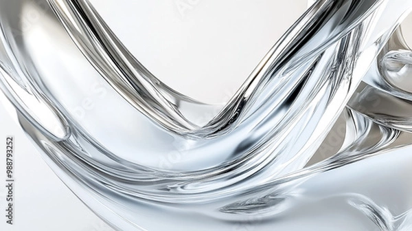 Obraz Close-up of glass, chrome, silver, and white swirls on a minimalist white background, 3D rendering in surrealist style created using Octane Render, C4D, and Blender. 