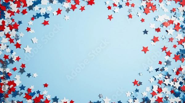 Fototapeta independence day confetti: a patriotic frame made from red, white, and blue star confetti, scattered around the edges of a light sky blue background, the bold colors create a spirited border
