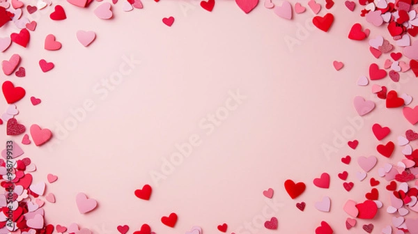 Fototapeta valentineâ€™s day confetti: a romantic frame made from pink and red heart-shaped confetti, arranged around a soft blush background, the sweet colors create a charming border