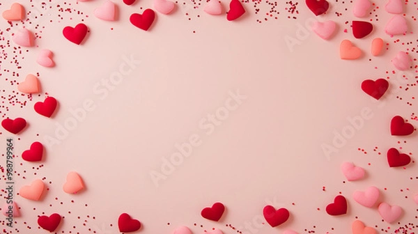 Fototapeta valentineâ€™s day confetti: a romantic frame made from pink and red heart-shaped confetti, arranged around a soft blush background, the sweet colors create a charming border