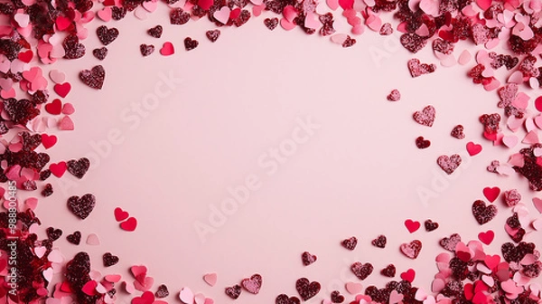 Fototapeta valentineâ€™s day confetti: a romantic frame made from pink and red heart-shaped confetti, arranged around a soft blush background, the sweet colors create a charming border