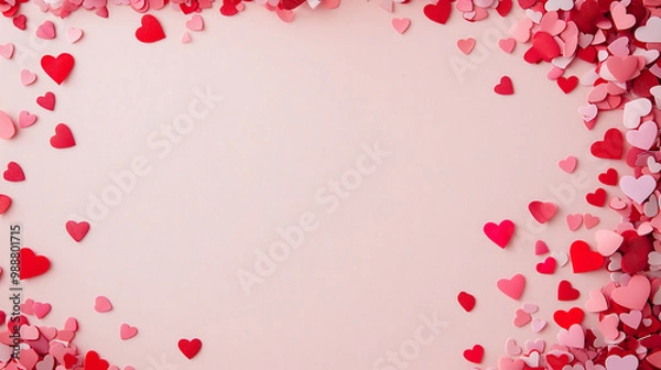 Fototapeta valentineâ€™s day confetti: a romantic frame made from pink and red heart-shaped confetti, arranged around a soft blush background, the sweet colors create a charming border