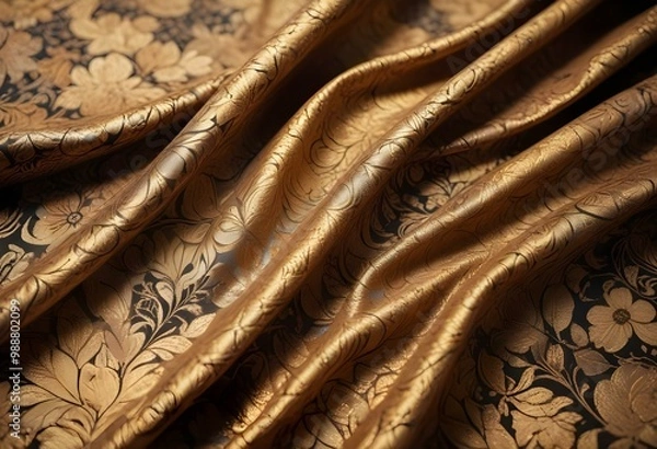 Obraz Ornate and intricate patterned fabrics in shades of gold, brown, and black. The fabrics appear to be decorative textiles or clothing, with floral and geometric designs