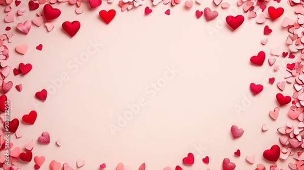 Fototapeta valentineâ€™s day confetti: a romantic frame made from pink and red heart-shaped confetti, arranged around a soft blush background, the sweet colors create a charming border