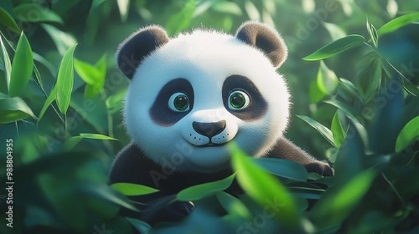 Fototapeta giant cute panda in green leaves, capturing the peaceful and cuddly nature of this wildlife animal in its bamboo forest environment