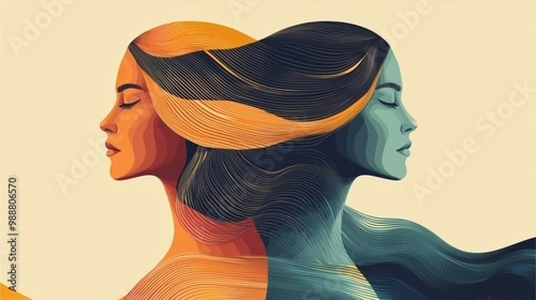 Fototapeta Woman Reflection Theme: Abstract profile of two women with flowing hair in orange and teal against a light background.