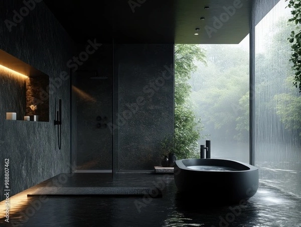 Fototapeta A black bathroom with a bathtub and a shower. The bathtub is filled with water and there is a waterfall outside the window