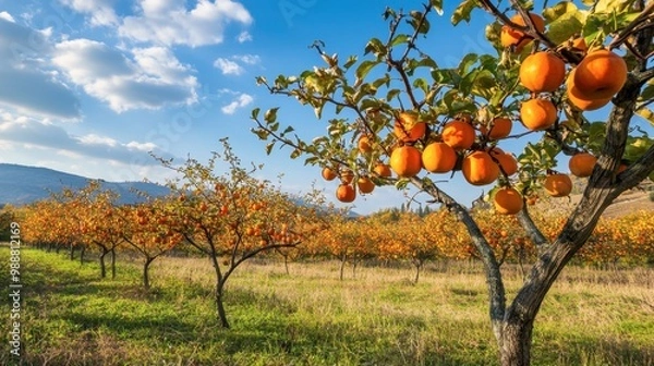 Fototapeta A beautiful autumn landscape with persimmon trees heavy with ripe fruit, their bright orange contrasting against the crisp blue sky.