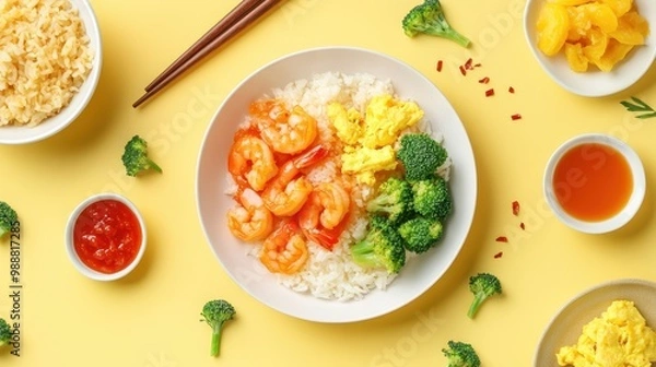 Fototapeta A colorful bowl of shrimp, broccoli, and scrambled eggs served over rice on a yellow background.