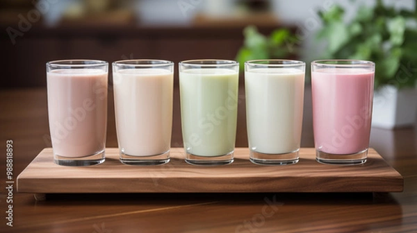 Fototapeta 5 flavors of milk put on wood tray on blurred background.