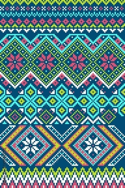 Fototapeta Pixel bright seamless pattern with stylized winter nordic ornament. Vector illustration.