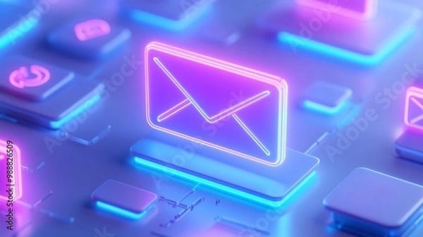 Fototapeta Neon email icon on a digital background, modern tech concept. Email Marketing concept.