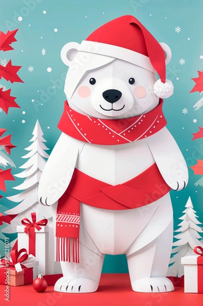 Obraz Papercraft polar bear wearing with Santa hat and red scarf, winter scene with snowflakes, red and white trees, and gift boxes. Merry Christmas greetings card