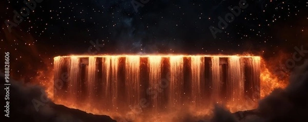 Fototapeta Ancient temple suspended above a canyon, with glowing waterfalls cascading down into a misty abyss, illuminated by the light of countless fireflies