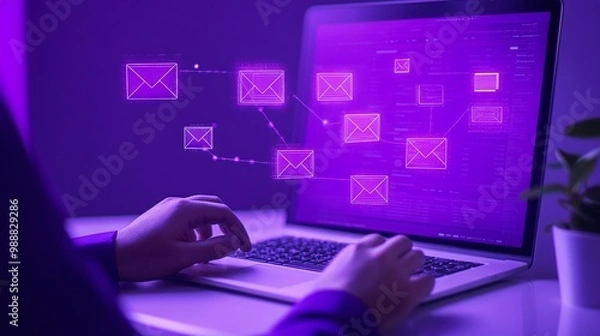 Fototapeta User interacting with laptop displaying email notifications. Email Marketing concept.