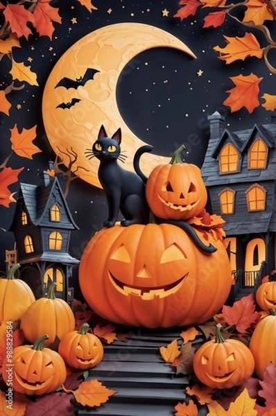 Obraz A papercraft Halloween scene with black cat sitting on a carved pumpkin, jack-o'-lanterns, autumn leaves, a crescent moon, and a spooky house under a starry sky